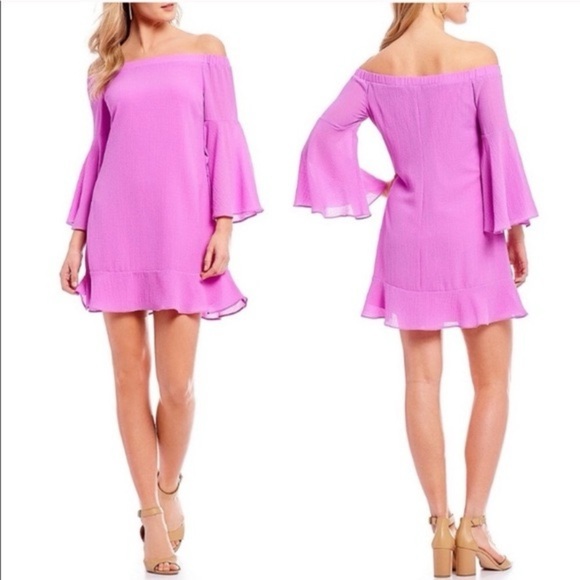 H by Halston Purple Off The Shoulder Bell Sleeve Mini Dress Womens Size 2 - Picture 1 of 12
